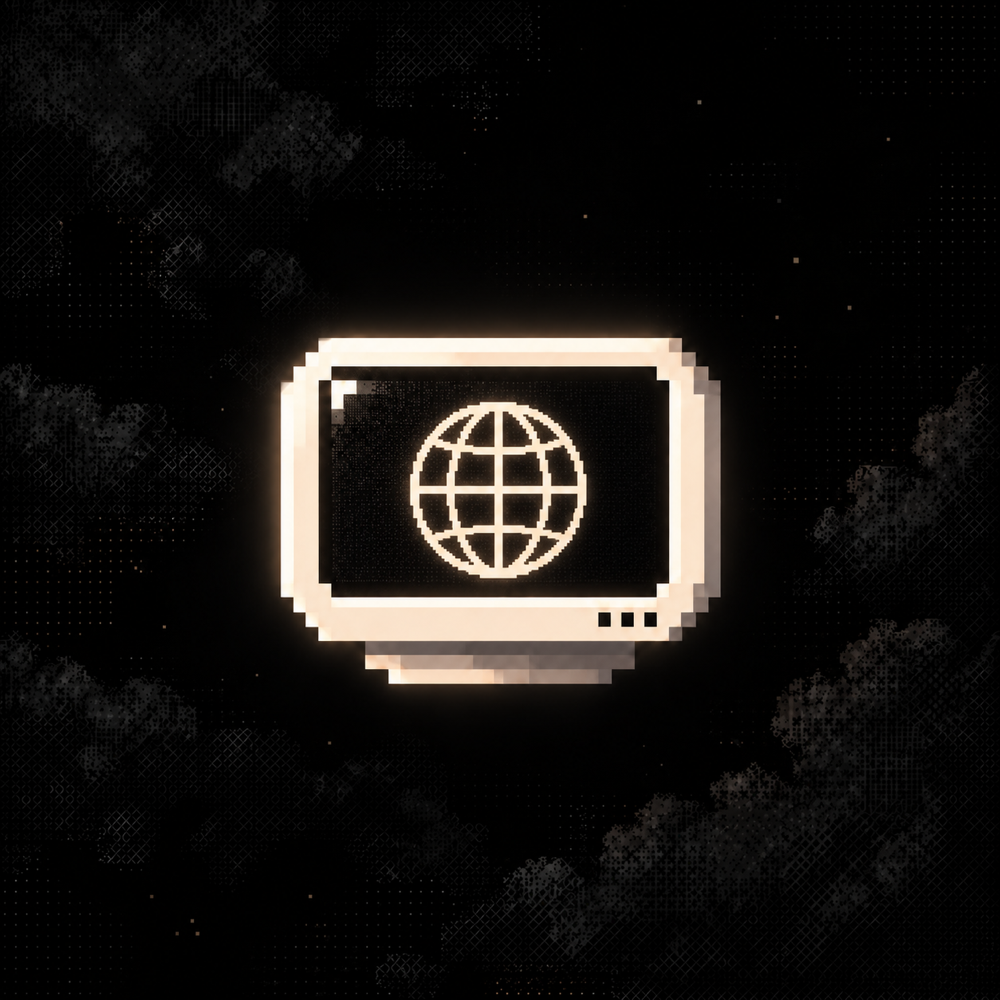 Pixel art computer displaying an internet globe